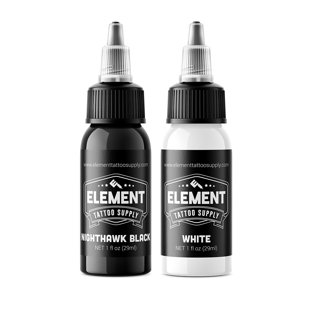 Element Tattoo Supply - Black and White Tattoo Ink Set - Nighthawk Black - White Tattoo Ink - Outlining - Highlighting - Mixing - 4oz Bottle